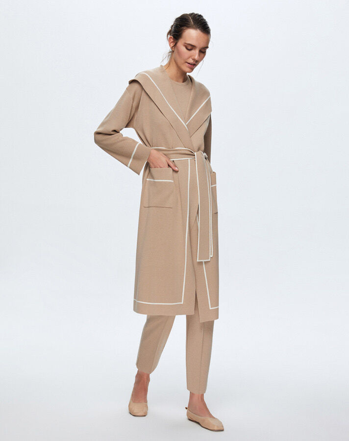 T24K-9013 Çizgi Şeritli Uzun Triko Hırka CORO-CAMEL - 1