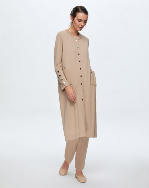 T24K-9022 Düz Renk Düğmeli Uzun Hırka CORO-CAMEL - 2