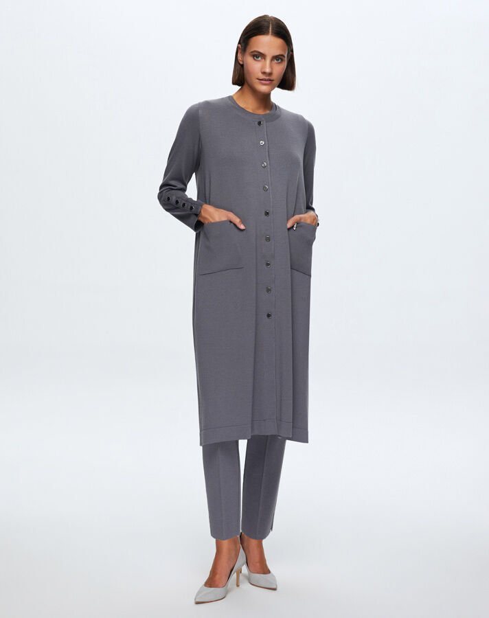 T24K-9022 Düz Renk Düğmeli Uzun Hırka OMERO-DARK GREY - 1