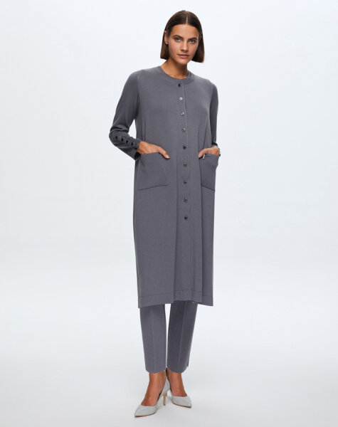 T24K-9022 Düz Renk Düğmeli Uzun Hırka OMERO-DARK GREY 