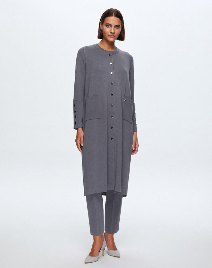 T24K-9022 Düz Renk Düğmeli Uzun Hırka OMERO-DARK GREY - 2