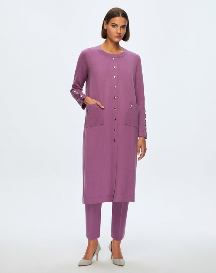 T24K-9022 Düz Renk Düğmeli Uzun Hırka SCOPA-ORCHİDE - 1