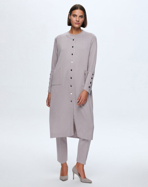 T24K-9022 Düz Renk Düğmeli Uzun Hırka TERRA-MİLKY 