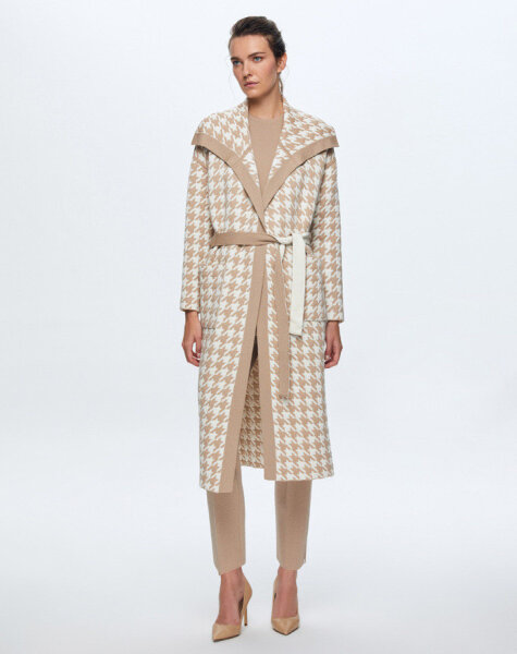 T24K-9023 Kaz Ayağı Desenli Kapitone Hırka CORO-CAMEL 