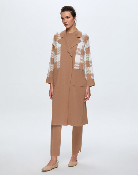 T24K-9027 Kare Kaz Ayağı Uzun Hırka COMO-CAREMEL 