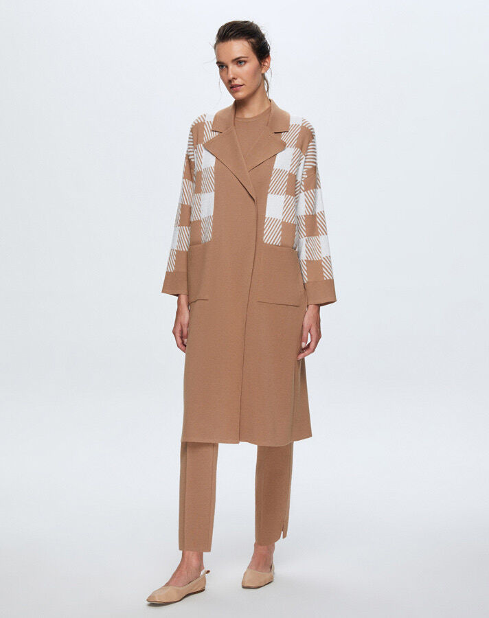 T24K-9027 Kare Kaz Ayağı Uzun Hırka COMO-CAREMEL - 1