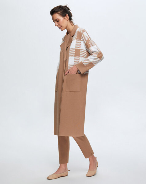 T24K-9027 Kare Kaz Ayağı Uzun Hırka COMO-CAREMEL - 2