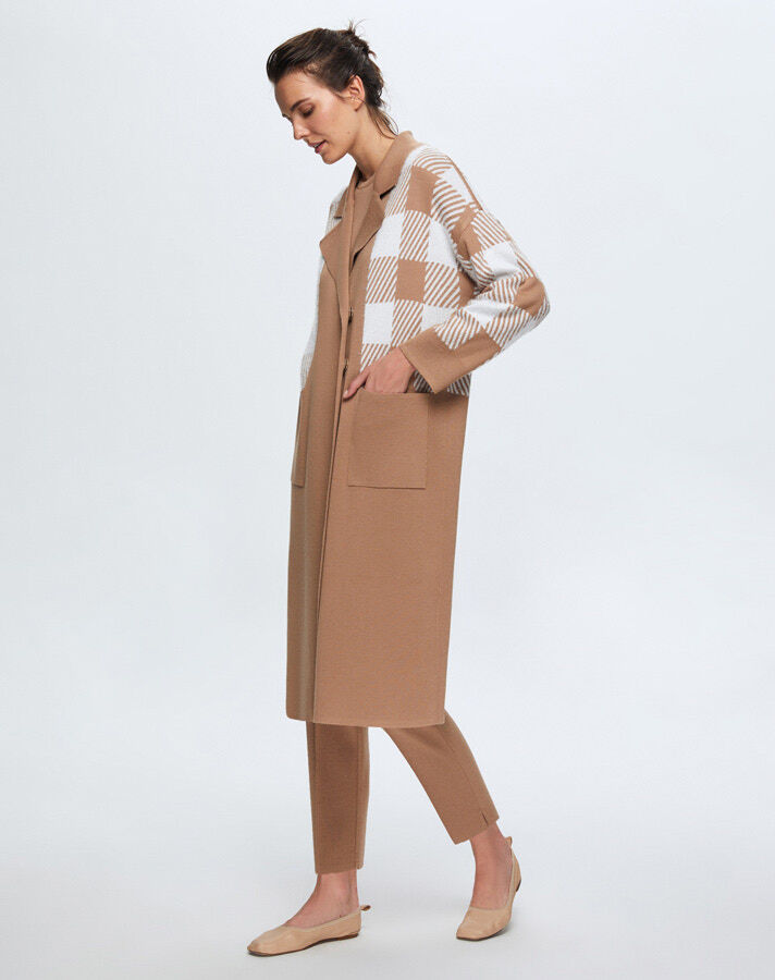 T24K-9027 Kare Kaz Ayağı Uzun Hırka COMO-CAREMEL - 2