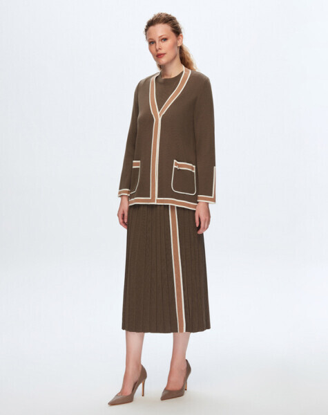 Renk Şeritli Cepli Kahverengi Hırka - 4