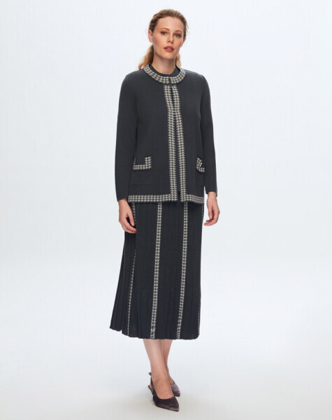 Kaz Ayağı Desen Detaylı Cepli Ye�il Hırka - 1