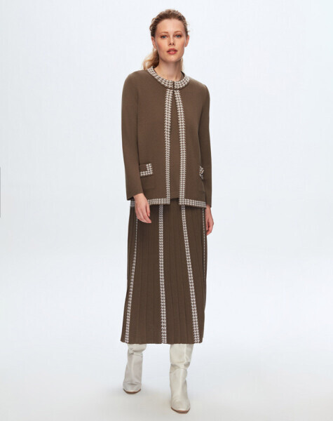 Kaz Ayağı Desen Detaylı Cepli Mavi Hırka - 2