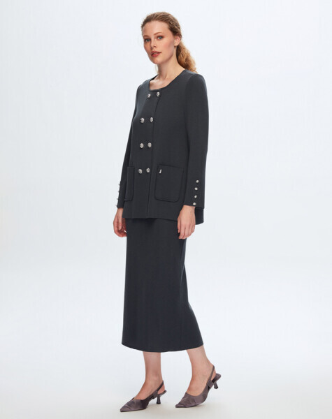 Yuvarlak Yaka Düğme Detaylı OGGİ-Gri Hırka - 3