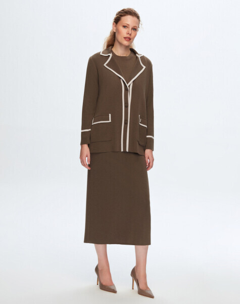 Erkek Yaka Şerit Detaylı Kahverengi Hırka 