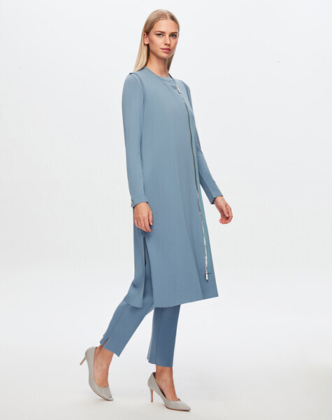 T24Y-1001 Fermuarlı Uzun Yelek 1236-BLUE - 1