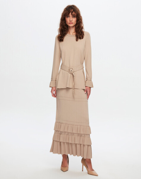 T24Y-2004 Etek Ucu Fırfırlı Çam Kesim Etek 1052-BEİGE - 1