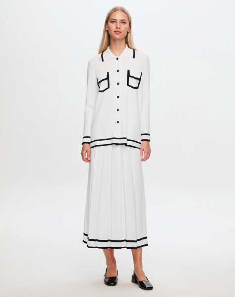 T24Y-2005 Etek Ucu Çizgili Kalın Pliseli Etek 1100-WHİTE 