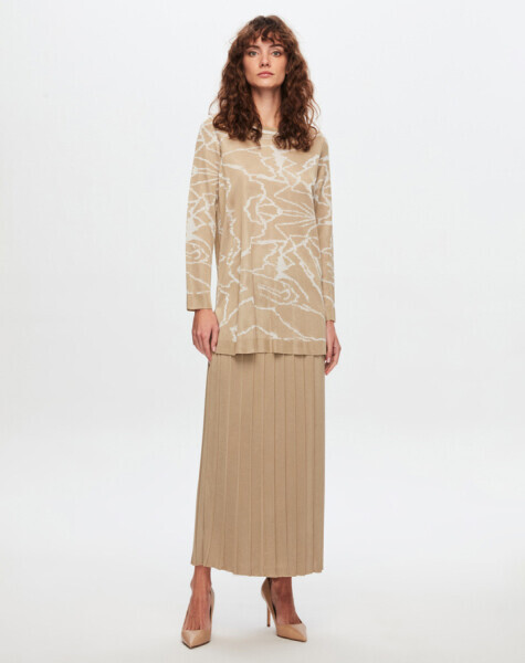 T24Y-2006 Parlak İpten Plise Etek BEİGE - 6