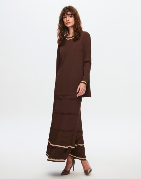 T24Y-2011 Parlak İp Detaylı Fırfırlı Etek 1084-CACAO - 2