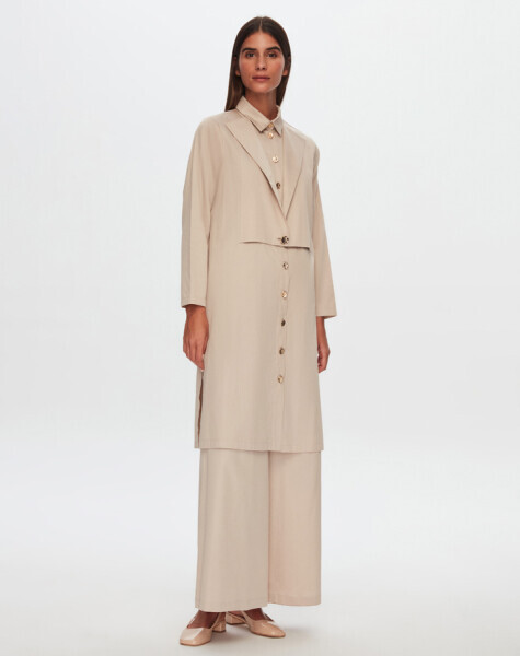 T24Y-3006 Gold Düğmeli Poplin Uzun Gömlek BEİGE - 1