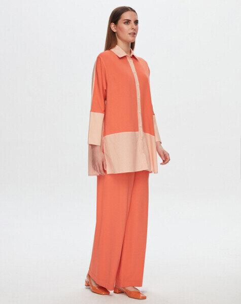 T24Y-3009 Ön Kısmı Triko Çizgili Gömlek 1248-ORANGE 
