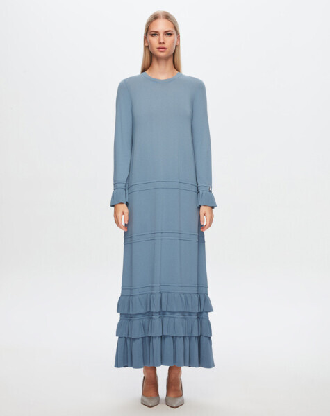 T24Y-4000 Etek Ucu ve Bileği Fırfırlı Triko Elbise 002-MİNK - 9