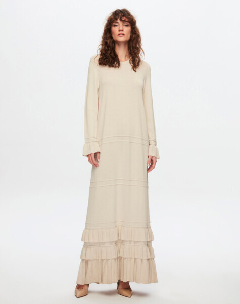 T24Y-4000 Etek Ucu ve Bileği Fırfırlı Triko Elbise 002-MİNK - 35