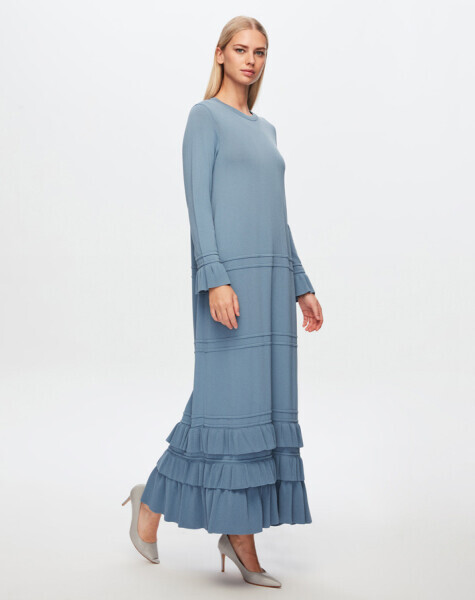 T24Y-4000 Etek Ucu ve Bileği Fırfırlı Triko Elbise 1236-BLUE 