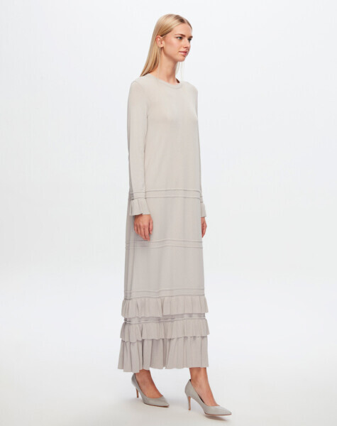 T24Y-4000 Etek Ucu ve Bileği Fırfırlı Triko Elbise 1398-LIGHT GREY - MISS DALIDA (1)