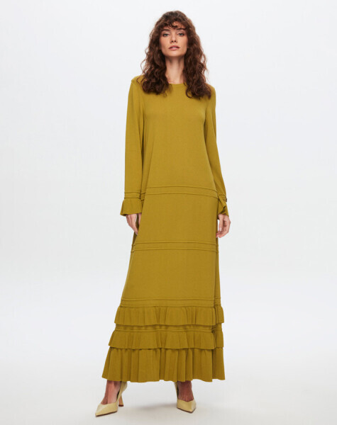 T24Y-4000 Etek Ucu ve Bileği Fırfırlı Triko Elbise 1516-OLİVE 