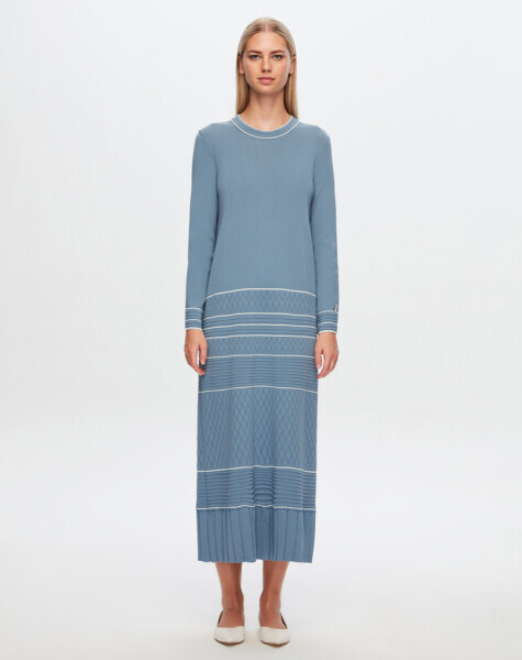 T24Y-4002 Ajurlu ve Çizgi Detaylı Uzun Elbise 1381-DARK GREY - 6