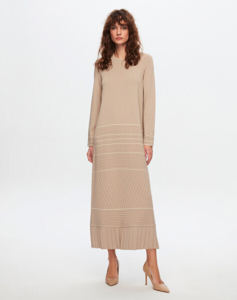 T24Y-4002 Ajurlu ve Çizgi Detaylı Uzun Elbise 1381-DARK GREY - 1