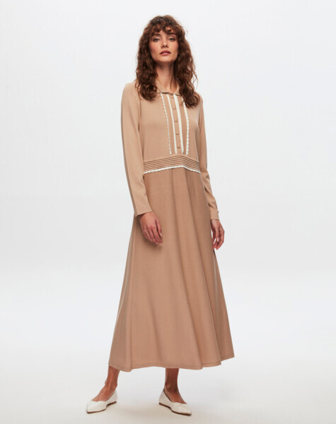 T24Y-4004 Gömlek Yaka Klasik Elbise 1515-CAMEL - 1