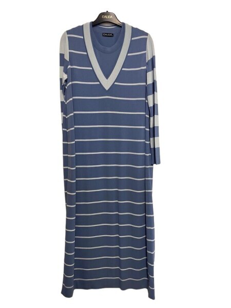 T24Y-4005 V Yaka Çizgili Elbise 1236-BLUE - 11