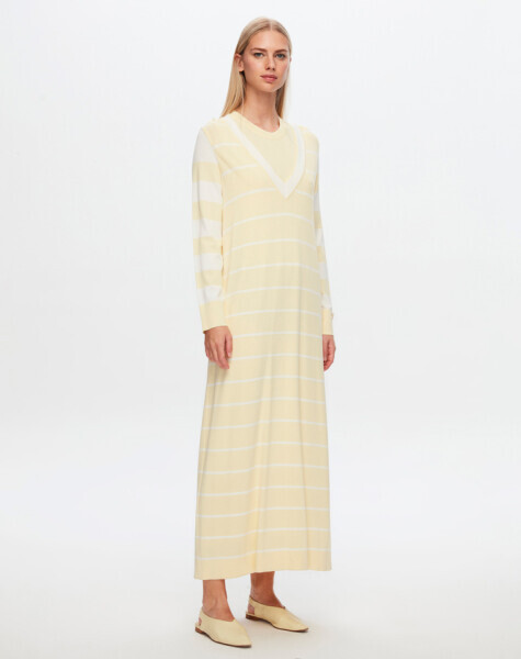 T24Y-4005 V Yaka Çizgili Elbise 1398-LIGHT GREY - 1