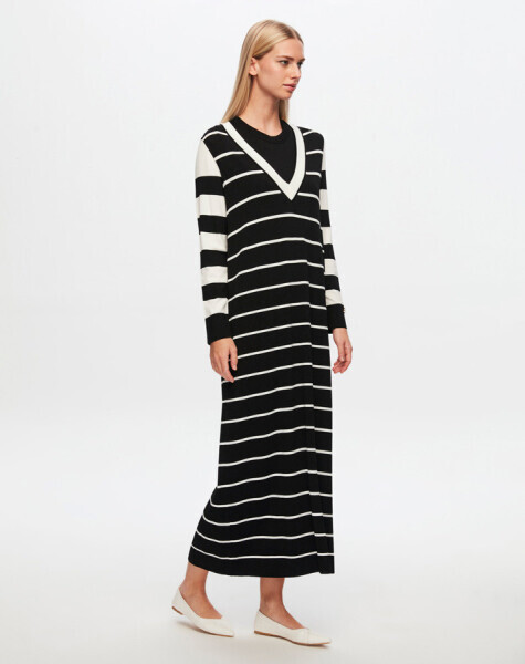 T24Y-4005 V Yaka Çizgili Elbise 1398-LIGHT GREY - 9