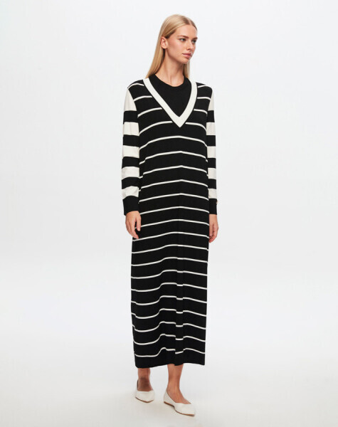 T24Y-4005 V Yaka Çizgili Elbise 1398-LIGHT GREY - 8