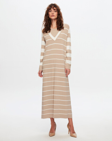 T24Y-4005 V Yaka Çizgili Elbise 1398-LIGHT GREY - 4
