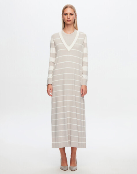 T24Y-4005 V Yaka Çizgili Elbise 1398-LIGHT GREY - 6