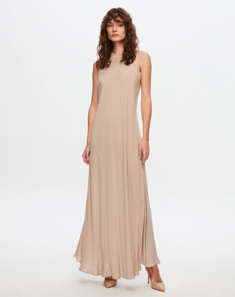 T24Y-4007 Kolsuz Kloş Cupro Elbise BEİGE 