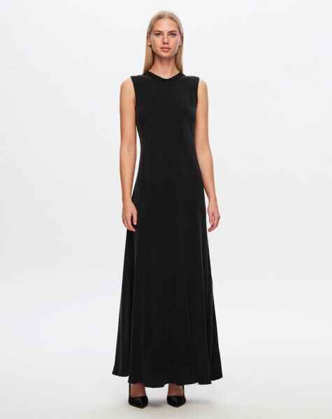T24Y-4007 Kolsuz Kloş Cupro Elbise BLACK - MISS DALIDA (1)