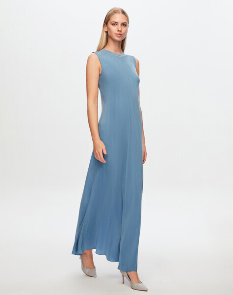 T24Y-4007 Kolsuz Kloş Cupro Elbise BLUE - MISS DALIDA