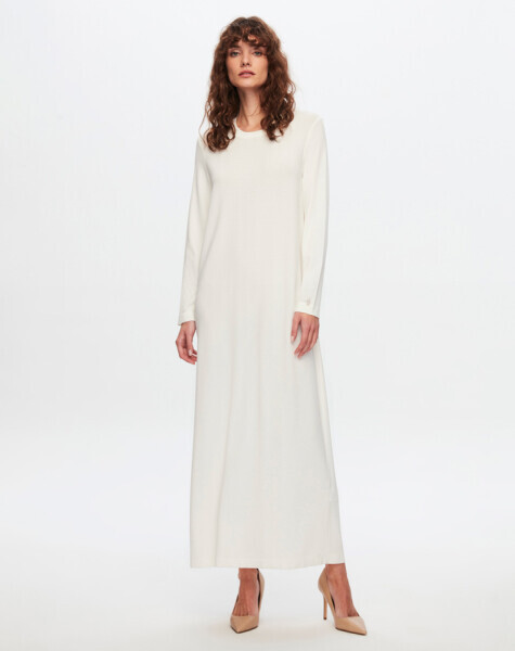 T24Y-4008 Düz Renk Uzun Kollu Elbise 1012-ECRU - 1