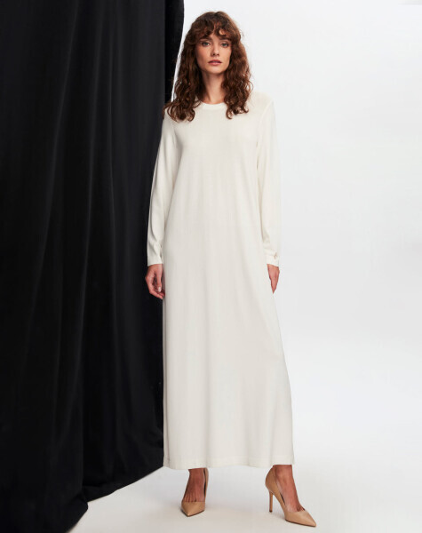 T24Y-4008 Düz Renk Uzun Kollu Elbise 1012-ECRU - 2