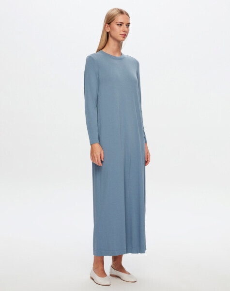 T24Y-4008 Düz Renk Uzun Kollu Elbise 1236-BLUE - 1