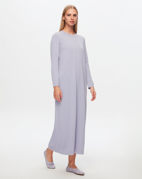T24Y-4008 Düz Renk Uzun Kollu Elbise 1346-LİLAC - 1