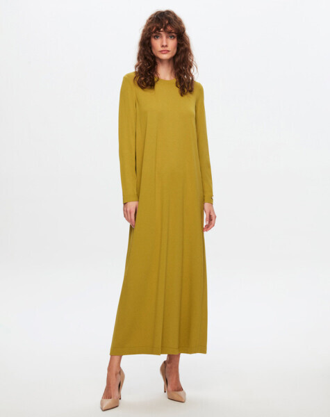 T24Y-4008 Düz Renk Uzun Kollu Elbise 1516-OLİVE 