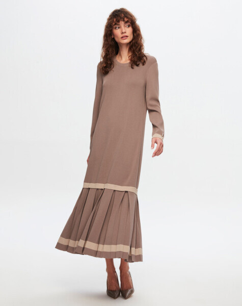 T24Y-4010 Üst Kısmı Düz Plise Detaylı Elbise 002-MİNK - 1