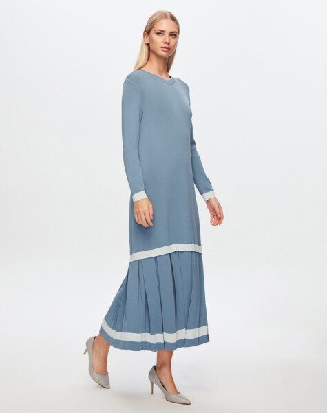 T24Y-4010 Üst Kısmı Düz Plise Detaylı Elbise 1236-BLUE 