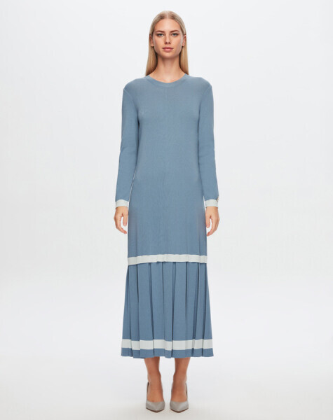 T24Y-4010 Üst Kısmı Düz Plise Detaylı Elbise 1236-BLUE - MISS DALIDA (1)