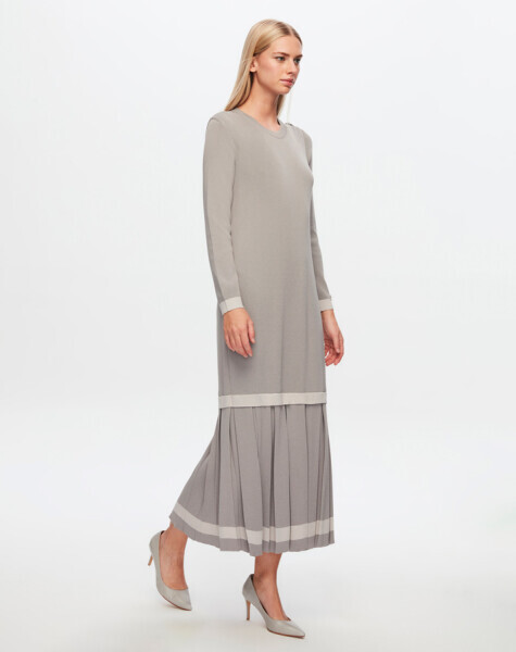 T24Y-4010 Üst Kısmı Düz Plise Detaylı Elbise 1381-DARK GREY 